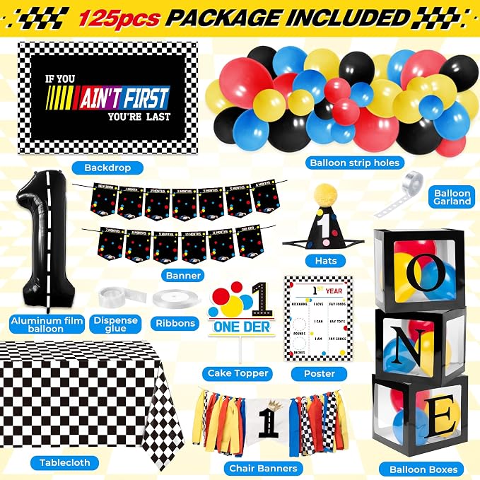 Fast One Birthday Decorations for Boys - 1st Race Car Theme Party Supplies for Baby Shower Decoration Include Birthday Hat Cake Topper Backdrop Tablecloth Photo Banner Arch Balloon Boxes Poster
