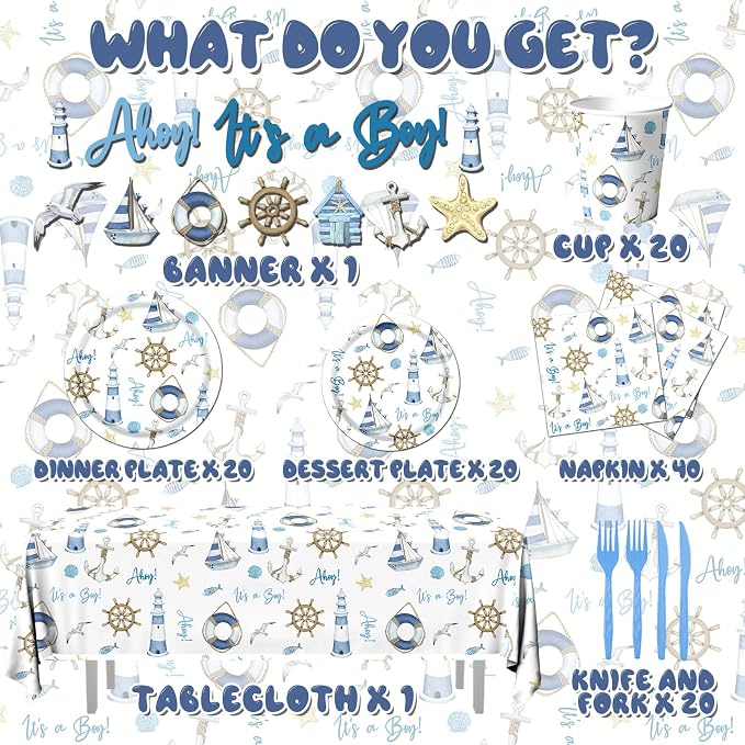 Ahoy Nautical Baby Shower Decorations Tableware - 142pcs Its A Boy Plates and Napkins Supplies, Party Dinnerware Tablecloth for Sailor Theme Decorations