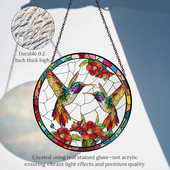 Humming Bird Stained Glass Suncatcher 6x6'' – Hummingbird Gifts for Women, Home Decor, Birthday, Christmas