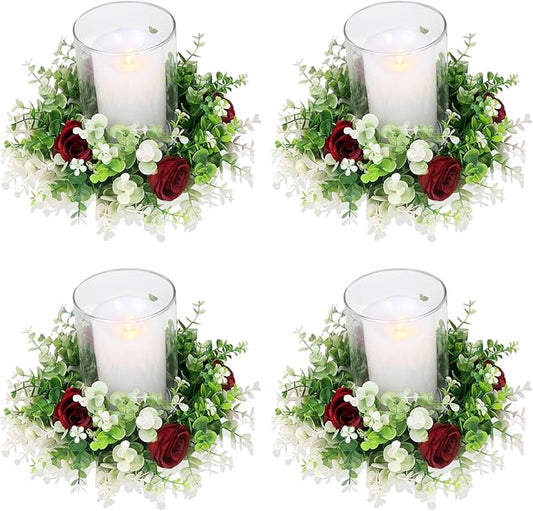4 Pcs Rose Floral Candle Rings Artificial Burgundy Flowers Wreaths with Green Eucalyptus Leaves Rose Candle Rings for Pillar Wedding Farmhouse Centerpiece Home Decor
