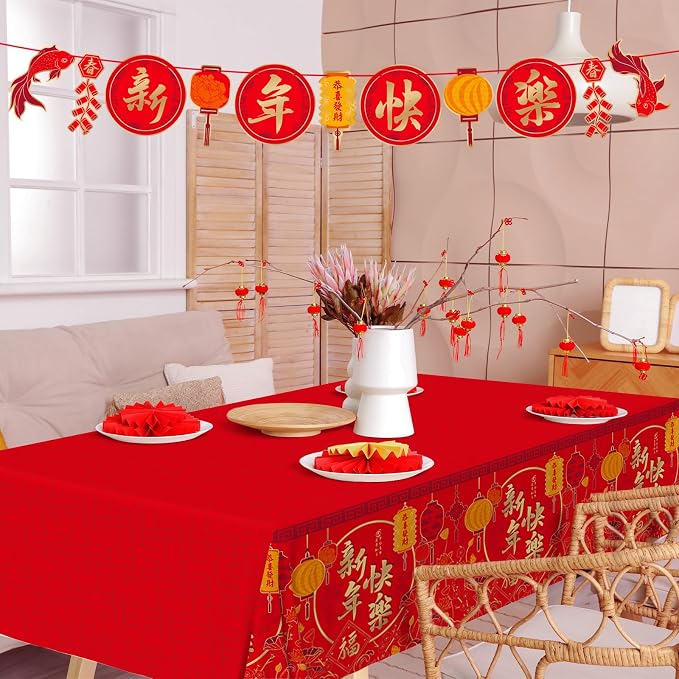 Chinese New Year Party Supplies Kit : Happy New Year Design Decorations Set with Disposable Plates, Napkins, Cups, Tablecloth, and Festive Banner - for Lunar New Year Celebrations Serves 25.