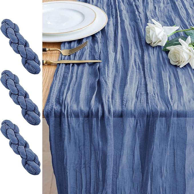 3PCS Table Runner Cheesecloth 10FT Blue Boho Gauze Cheese Cloth Rustic Sheer Table Runners for Wedding Birthday Bridal Baby Shower Party Decoration