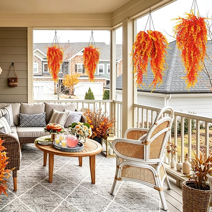 RECUTMS Artificial Greenery for Outdoors 31.5" Faux Hanging Baskets Plants | 3Pcs Fake Vine Plants,Gold Hanging Greenery Stems Autumn Decor of Living Room Bedroom Kitchen Front Porch Yard Garden Wall