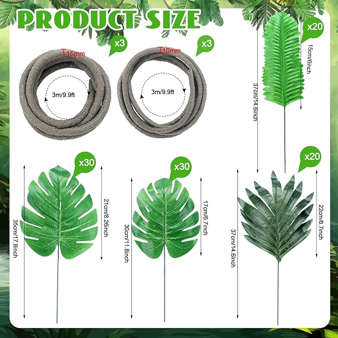 Preboun 60ft Jungle Theme Party Decorations Tropical Rainforest Leaves Safari Artificial Rattan Decoration with 100 Pcs Fake Tropical Palm Leaves for Indoor Outdoor Forest Garden Party Decor
