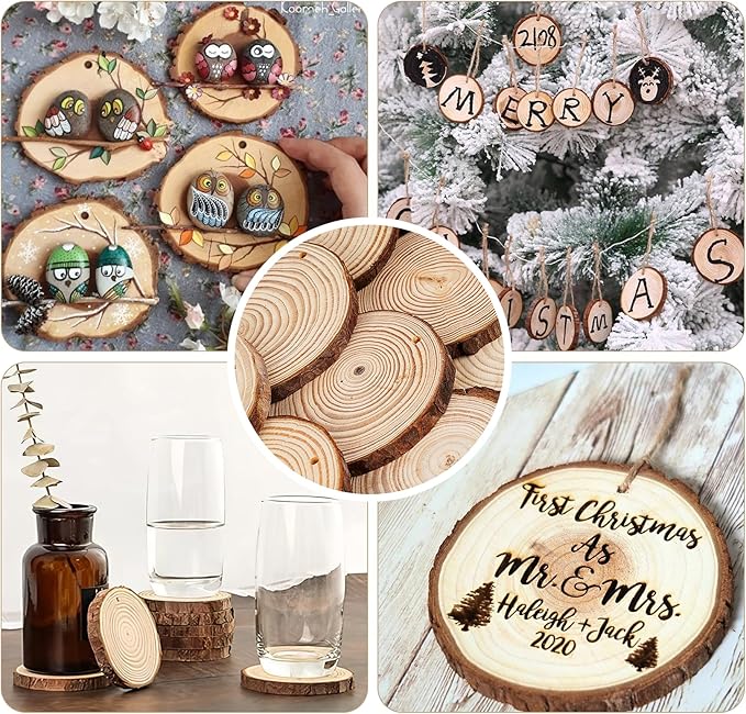 ilauke Wood Slices, 30 Pcs 2.4"-2.8" Natural Wood Rounds with Predrilled Hole, Wooden Circles with Bark, Unfinished Wood Kit for Paint DIY Ornaments Christmas Crafts Arts Wedding Decorations