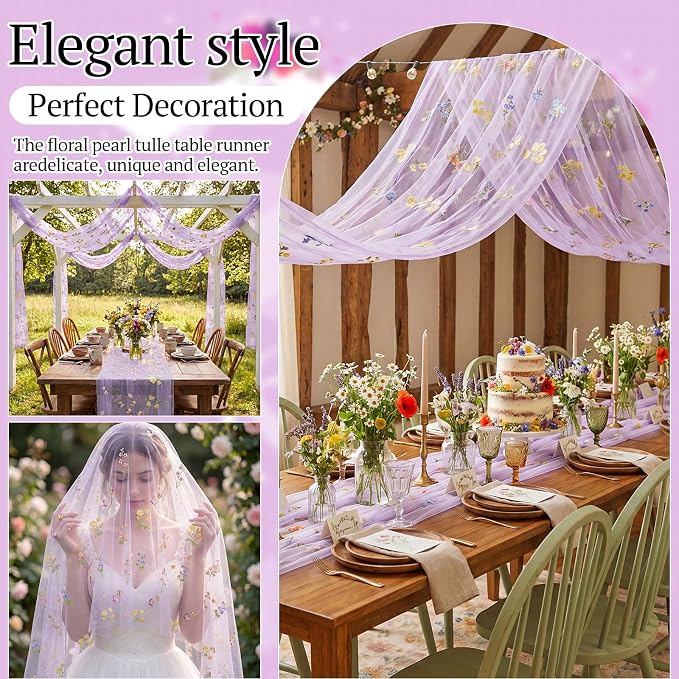 Lounsweer Purple Wildflower Table Runner 10ft Embroidery Tulle Spring Floral Table Runner Seasonal Summer Butterfly Kitchen Dining Gauze Decoration for Wedding Baby Shower Birthday Party