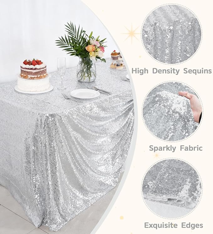 Juya Delight 90" x 132" Silver Sequin Rectangle Tablecloth for Wedding Birthday Party Festival Ceremony Cake Dessert Table