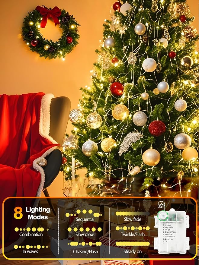 2 Pack 100 LED Fairy Lights Battery Operated with Remote, 33FT Waterproof Twinkle Lights with Timer & 8 Modes, Fairy String Lights Outdoor Indoor for Bedroom Classroom DIY Christmas Decor (Warm White)