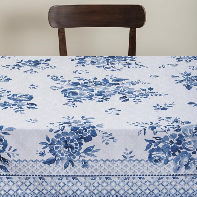 Maison d' Hermine Table Cloth Square Table 100% Cotton 54 x 54 Inches Tablecloth Reusable Decorative for Dining Kitchen Room Farmhouse Party Home Hotel Restaurant Spring Summer - Rose Garden - Blue