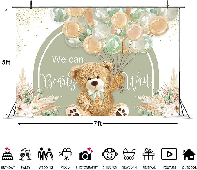 Bear Baby Shower Backdrop 7Wx5H Feet We Can Bearly Wait Green Brown Balloons Cartoon Kids Boys Pampas Grass Polyester Fabric Cute Photography Backgrounds Photo Shoot Decor Props Decoration
