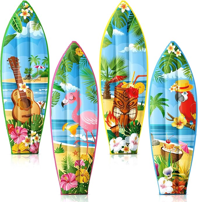 JellyArch 4 Pcs Hawaiian Inflatable Surfboard Tropical Flamingos Hawaiian Luau Party Decorations Blow up Pool Floats Surfboard Prop Wall Decor Palm Tree Summer Tiki Bar Pool Beach Party Decorations