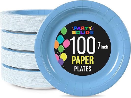 Exquisite Light Blue Paper Plates Disposable Heavy Duty 7 Inch Light Blue Disposable Plates For Party 100 Pcs Heavy Duty Paper Plate 350 GSM, Birthday Party Supplies Plate Set