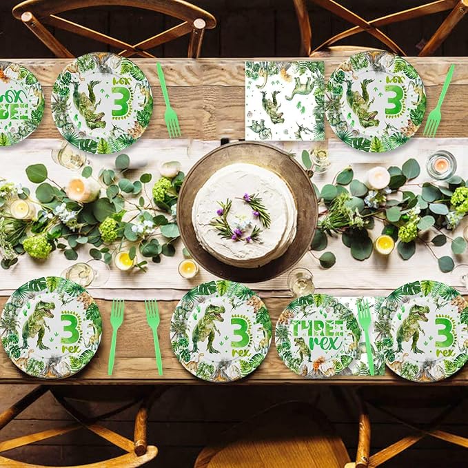 208 Pcs Dinosaur 3rd Birthday Party Supplies, Green Dino Three Rex Birthday Decorations, 20 Serves Include Paper Plates, Cups, Napkins, Tablecloth, Cake Topper, Swirls, Banner, Balloons for Boys