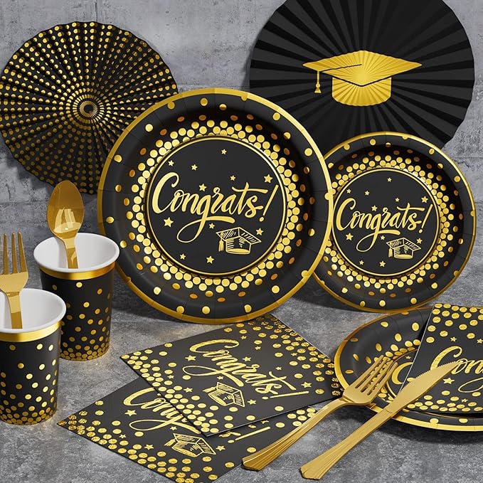 Ecomore 2026 Graduation Party Decoration - 350 PCS Black Gold Grad Supplies Disposable Dinnerware (Severs 50) w/ Congrats Paper Plates Napkin Cup Plastic Cutlery for College High School Class of 2026