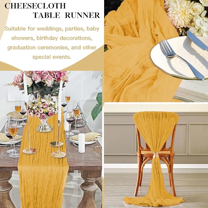 12 Pack Gold Cheesecloth Table Runner, 35x120 Inch Mustard Boho Gauze Table Runner 10ft Rustic Sheer Cheese Cloth Runners for Bridal Shower Wedding Party Baby Shower Table Decor