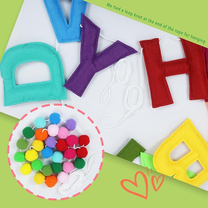 2 PCS Pre-Strung 3D Felt Happy Birthday Banner - Reusable Rainbow Happy Birthday Decorations Sign, Felt Ball Garland, Pom Pom Garland, Party Decor, Photo Prop (RAINBOW)