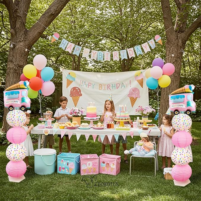 Ice Cream Balloon Column Stand Kit and Paper Lantern 2 Sets 5 Feet with Reusable Metal Telescopic Design for Ice Cream Parties, Birthday Decorations for Girls,Wedding