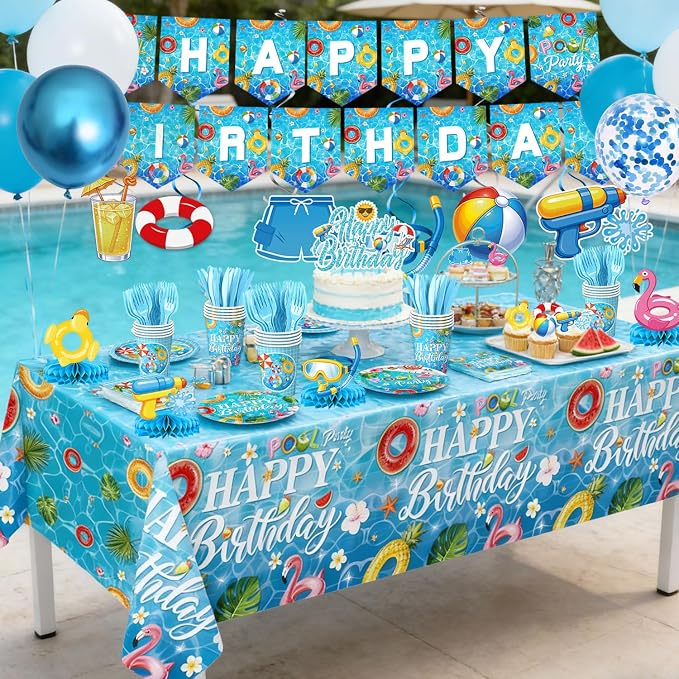 Pool Birthday Party Decorations - Plates, Napkins, Cups, Cutlery, Honeycomb Centerpieces, Banner, Hanging Swirls, Tablecloths, Toppers, Balloons for Hawaii Summer Pool Party Decorations, Serves 20
