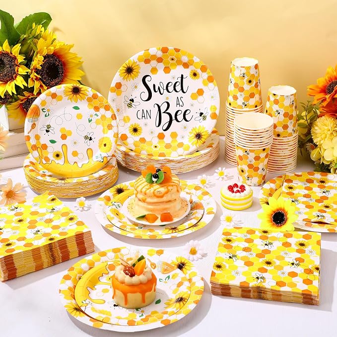 Funnymoom 250 Pcs Bee Party Decoration Sweet as Can Bee Paper Plates Napkins and Cups Baby Shower Party Tableware Set for Honey Gender Reveal Birthday Decorations, Serves 50