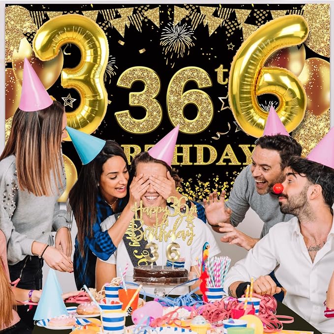 36th Birthday Decorations Men Women with 36th Birthday Banner, Black and Gold Table Cloth, Number Balloons, Large Sash, Cake Topper and Candles