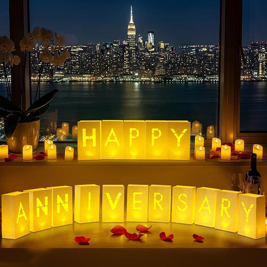 Happy Anniversary Decorations Light up Letters - Luminary Paper Bags to be Used as Happy Anniversary Banner and Anniversary Decorations Romantic