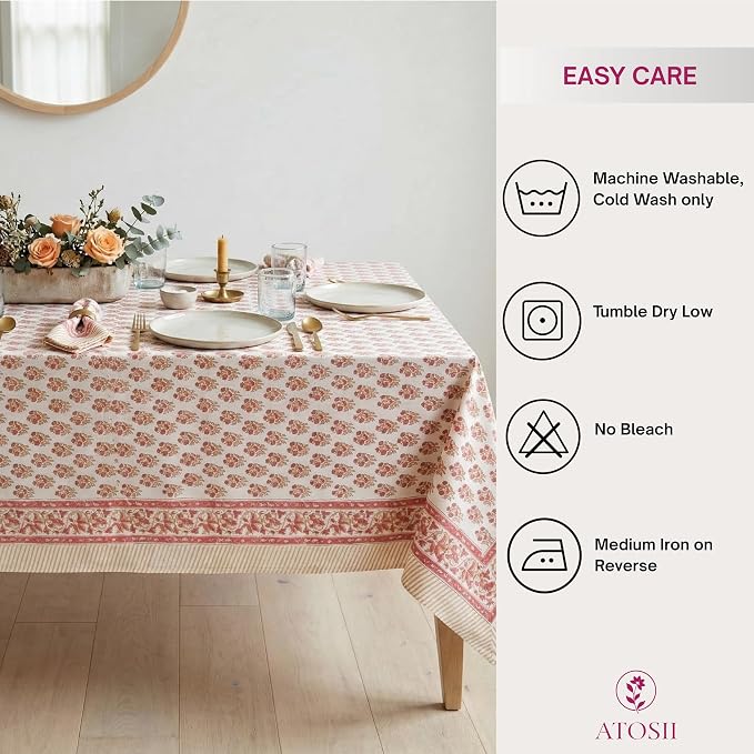 ATOSII Ivy Red 100% Cotton Rectangle Spring Summer Tablecloth, Handblock Floral Print Linen Table Cloth for Kitchen Dining I Parties, Weddings, Outdoors, Easter Decor 60 X 108 Inches, 8 Seater