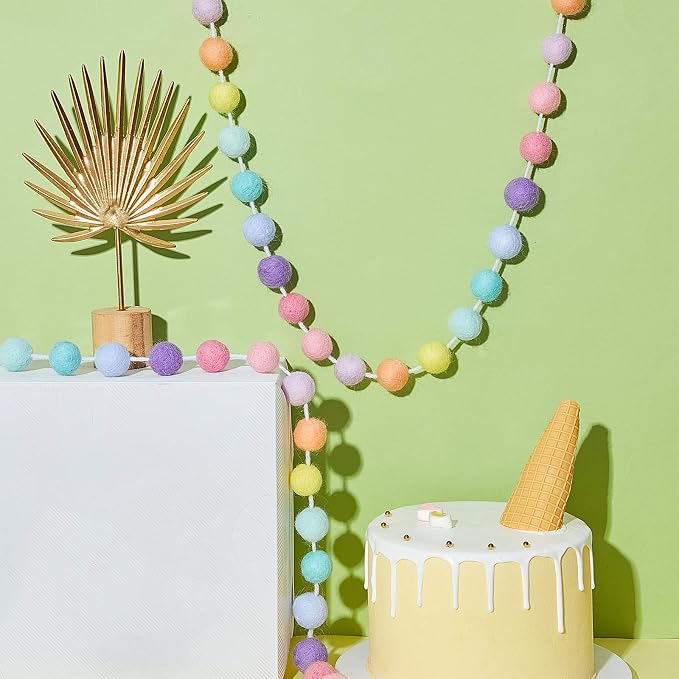 WILLBOND 2 Pieces Wool Felt Rainbow Ball Garland Colorful Pom Pom 6.5 ft Long 24 Ball Garland for Easter Mardi Gras Classroom Halloween Thanksgiving Xmas (Multiple Colors)