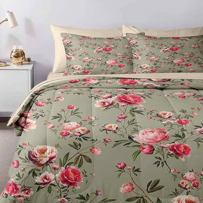 Nesker 5 Pcs Comforter Set Twin Size, Vintage Floral Beige Bedding Set for Kids and Adults, Rose Flower Pink Bed Sheet Sets with Fitted Sheet Pillowcases & Shams