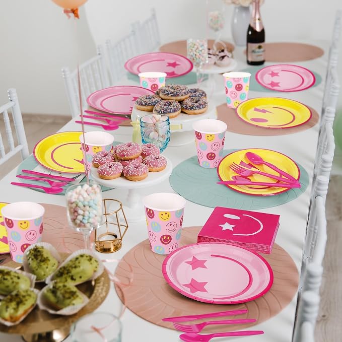 Kochorie 400 Pieces Preppy Smiley Face Party Tableware Set Paper Smile Face Plates Napkins Paper Cups Cutlery for Preppy Birthday Party Decorations Baby Shower Decor, Serve 50 Guest