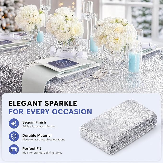 ShiDianYi Silver Sequin Tablecloth 50x72, Sparkly Glitter for Wedding Party | Full Dense Sequin, Serged Edges No Falling, Seamless Mesh, for 4FT Table, Wedding Birthday Outdoor Christmas