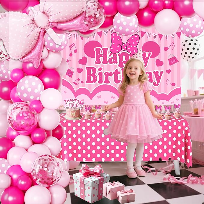 Pink Polka Dot Birthday Decorations for Girls, Cartoon Mouse Theme Party Supplies Include Balloon Arch Garland, Bow Backdrop, Tablecloth, Cake Toppers, Large Foil Bow Balloon for 1st 2nd 3rd