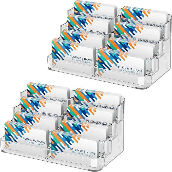 MaxGear 2 Pack Acrylic Business Card Holder for Desk, Clear Desktop Business Card Display Stand with 8 Pockets, 4-Tier Freestanding Card Organizer for Office, Reception, Countertop