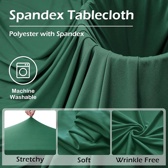 6 pk Hunter Green Spandex Tablecloth 8ft With Ruffle Table Skirt, Wrinkle Free Stretchy Fitted Tablecloths for 8 Foot Rectangle Tables, Elastic Spandex Table Covers for Weddings Parties Banquet Craft