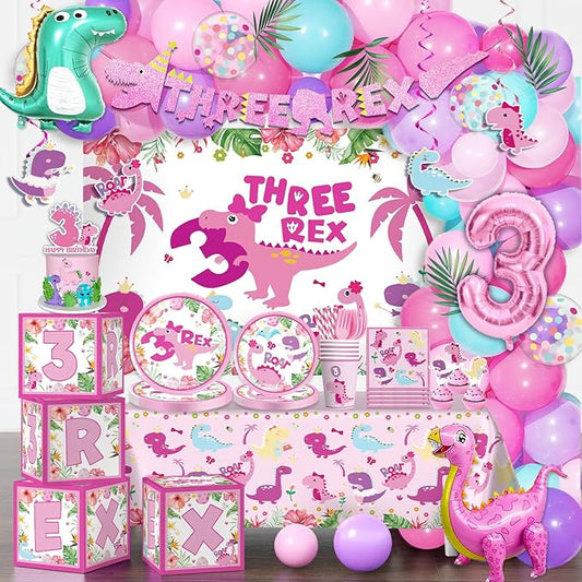 314Pcs Three Rex Birthday Decorations Girl Tableware Set Serves 25 Guests, Pink Dinosaur Birthday Decorations Includes Balloons, Banner, Plates, Balloons Box, Tablecloth, All-in-1 Party Pack