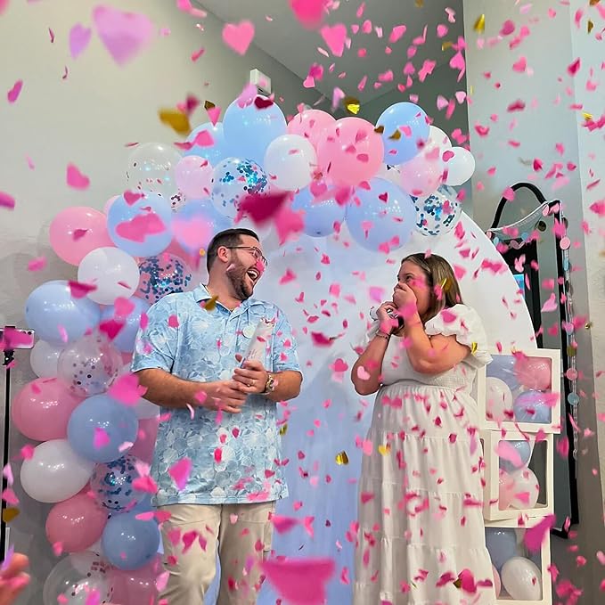 PrimePure Gender Reveal Confetti Cannon - Heart Shaped Confetti Poppers - Pink, 2 Pack - Baby Girl Gender Reveal Party Poppers - Pink Paper Baby Party Supplies Pop Gun