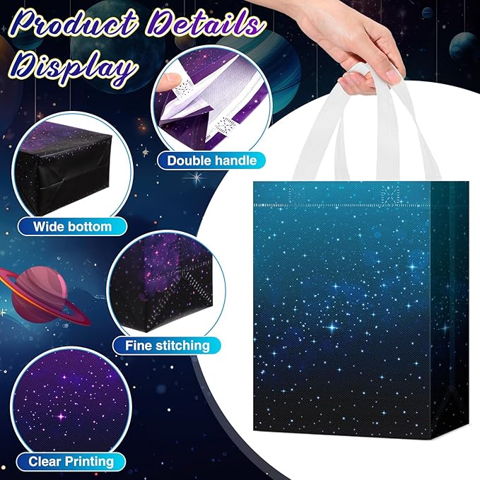 Locmeo 36 Pcs Galaxy Party Favor Gift Bags Starry Sky Goodie Space Star Reusable Bags Non Woven Starry Night Candy Treat Totes Graduation Gift Bag Birthday Party Decorations, 8 x 4 x 10 Inch