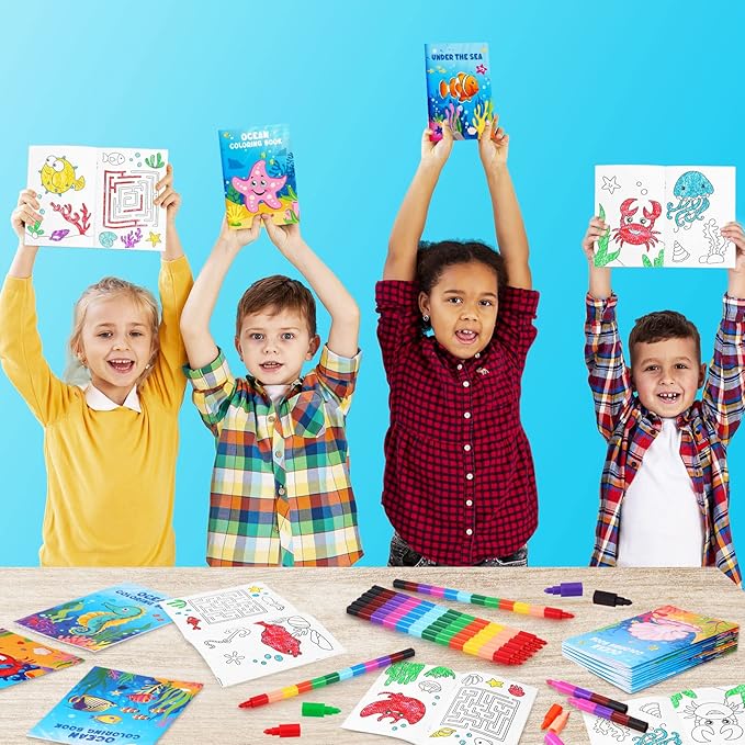 BenLouis 24 Under the Sea Mini Coloring Books Kids with 24 Stacking Crayons Ocean Animals Party Favors Activity Books Bulk for Kids Sea Fish Birthday Goodie Bag Gift Stuffer Classroom Reward