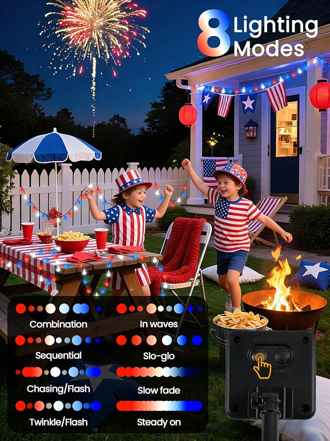 2-Pack 80 LED Red White and Blue Solar String Lights Outdoor - Waterproof 39FT Globe LED Solar Patriotic American Flag Lights with 8 Modes, 4th of July Decorations for Independence Day Memorial Day