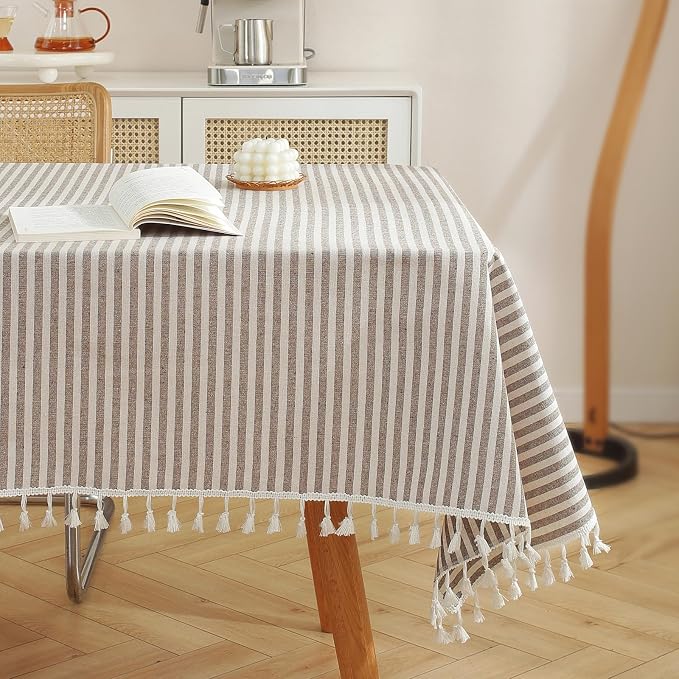meioro Rectangle Striped Tassels Tablecloth Cotton Blend Stain and Wrinkle Resistant Washable SquareTable Cloth Cover for Indoor or Outdoor Events & Parties(Brown 47x47 Inch)