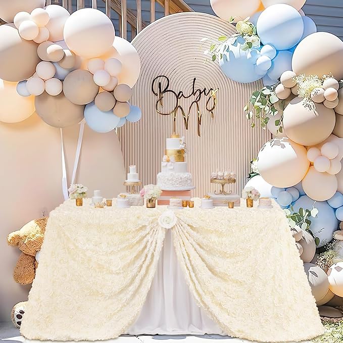 Fanqisi Rosette Tablecloth 50x102 Inches Satin Raised Rosettes Ivory Rectangle 3D Floral Tablecloth for Baby Shower Wedding Party Event Decoration