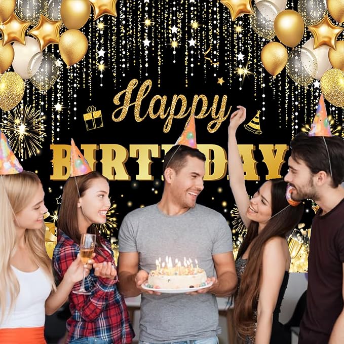 Happy Birthday Backdrop Banner for Men Black and Gold Glitter Birthday Party Decorations Background for Women Boys Girls Adults Polyester Fabric 10x8ft
