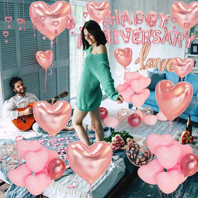 Anniversary Decorations, Happy Anniversary Balloons Banner, Pink Heart Balloons Heart Hanging String Pink Rose Petals for Wedding and Valentines Day Romantic