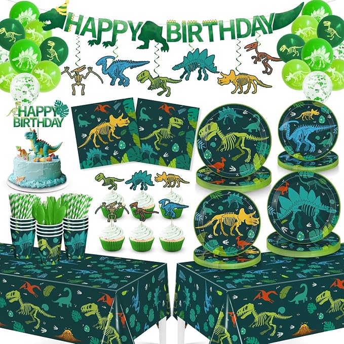274 Pcs Dinosaur Birthday Decorations, Dinosaur Birthday Party Supplies with Banner, Balloons, Cake Toppers, Plates, Cups and Tablecloth for Boy Dino Party Decor, Serves 24