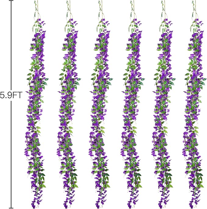 Sggvecsy 6Pcs Wisteria Garland Artificial Flowers Garland Fake Hanging Wisteria Vines Rattan Silk Hanging Flower Vines for Home Garden Outdoor Wedding Arch Party Ceremony Total 35.4Ft (Purple)