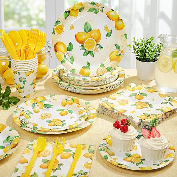 Honeydak 210 Pcs Lemon Party Supplies for 30 Guests Summer Lemon Birthday Plates Napkins and Forks Cups Tableware for Citrus Yellow Baby Shower Bridal Shower Decorations