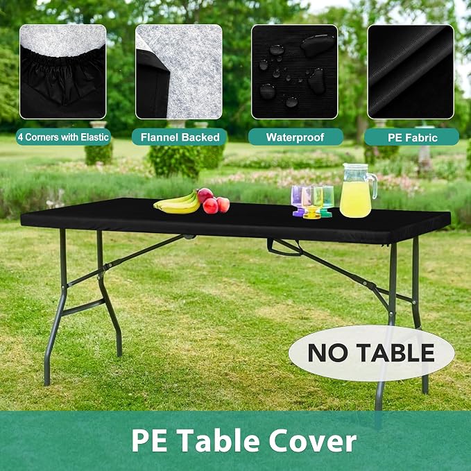 LUSHVIDA 10 Packs Vinyl Tablecloths with Flannel Backing for 6ft Rectangle Folding Table Cloths - Waterproof Plastic Picnic Table Covers with Elastic Corners, 30x72 inch, Black