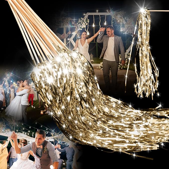 Simgoing 100 Pcs Lighted Wedding Wands LED Tinsel Wands Light up Streamers Sparklers for Wedding Send Off and Exits Birthday Party Props Favors(Champagne)