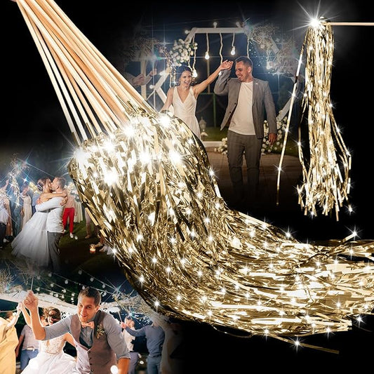 Simgoing 100 Pcs Lighted Wedding Wands LED Tinsel Wands Light up Streamers Sparklers for Wedding Send Off and Exits Birthday Party Props Favors(Champagne)