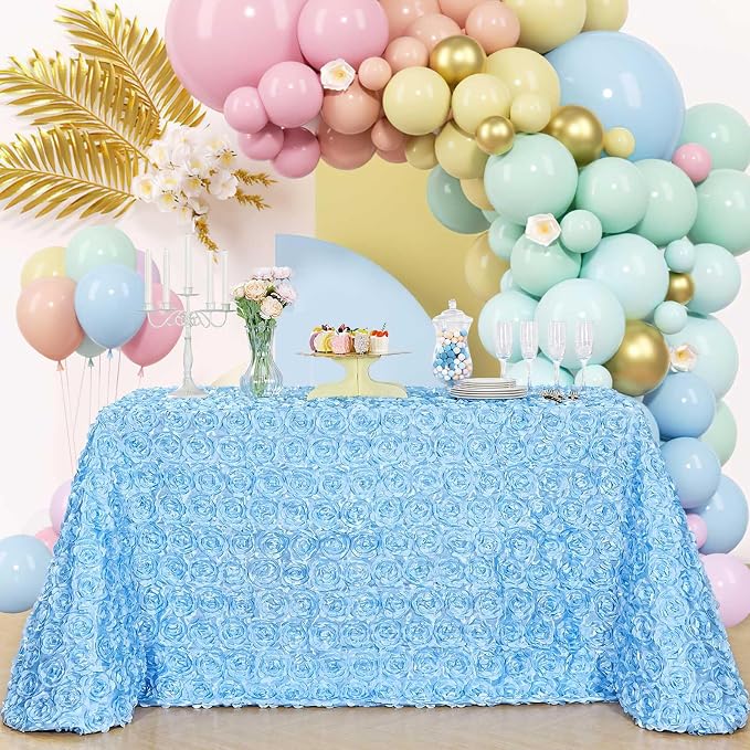 B-COOL Light Blue Rosette Tablecloth 3D Floral Satin Rectangle Table Cloths 90x132 Inch for Baby Shower Wedding Birthday Romantic Party Ceremony Floral Table Overlay