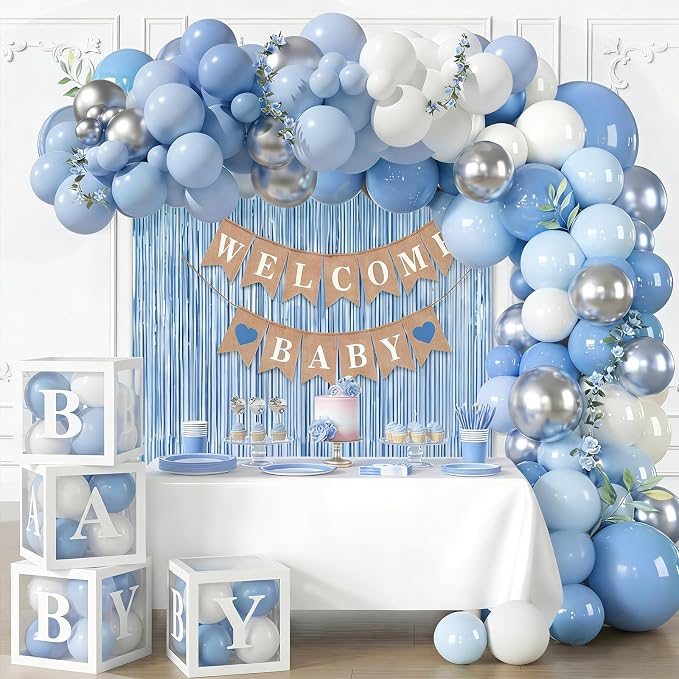 Gemscream 133 Pcs Baby Boy Shower Decorations Set, Burlap Banner, White Baby Boy Boxes, Light Blue Foil Curtains, Blue & White Garland, "Mom to Be" Sash & Balloon Arch Kit Gender Reveal Party Supplies